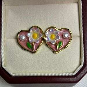 Pink Heart Daisy Pearl Stud Earrings | Sterling Silver Posts | Gift for Her